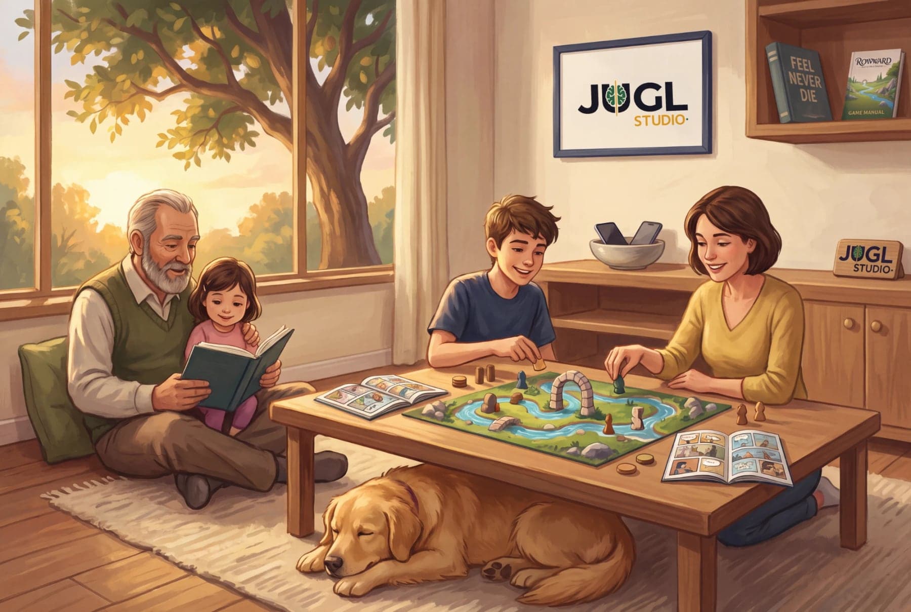 A grandfather reads a comic aloud to a small girl while a boy and his mother play the ROWWARD river board game on a low wooden table, two open comics beside it, a golden retriever asleep underneath, phones set aside in a bowl, a walnut tree in the window at golden hour, and the Jugl Studio mark framed on the wall with Feel Never Die and the ROWWARD manual on the shelf.